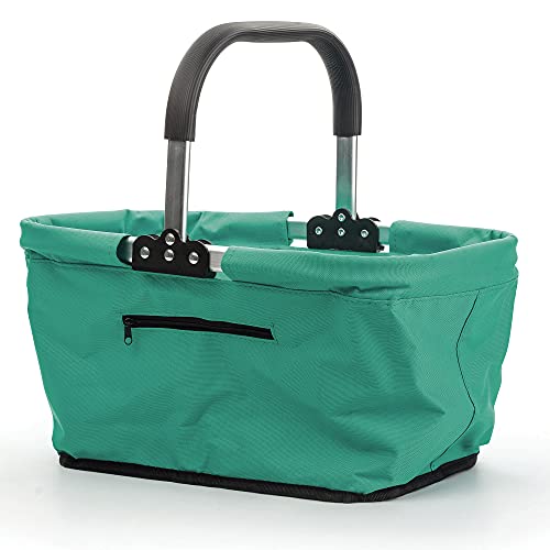 RSVP International Collapsible Market Basket, Turquoise | Aluminum Frame | Polyester Fabric | Large Zippered Compartmet | Space-Saving Storage, One Size, Turqouise