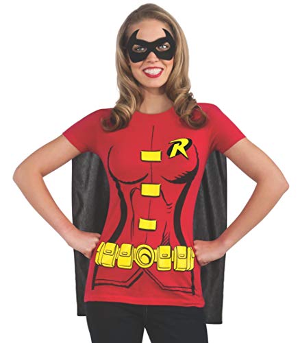 Rubie's DC Comics Women's Robin T-Shirt With Cape And Eye Mask, Red, Large