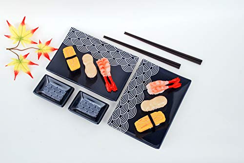 FMC Fuji Merchandise Hinomaru Collection 6 Piece Sushi Set Japanese Seigaiha Wave Design Melamine Sushi Plates Sauce Dish and Chopsticks Dinnerware Set for Two (Navy Blue)