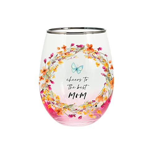 Pavilion - Mom 20-ounce Stemless Wine Glass, Iridescent Glassware For Gift, Best Mom Ever, Floral, 20 oz for Women, Mom, Mom to Be, New Mom, Wife, 1 Count, Multicolor
