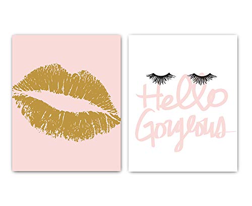 Designs by Maria Inc. Set of 2 Fashionista Prints (Unframed) Lips & Lashes Wall Art Makeup Bathroom Decor (8x10) (Option 1)