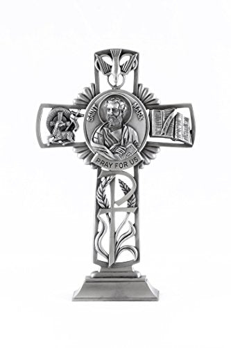 Christian Brands Pewter Catholic Saint St Mark Pray for Us Standing Cross, 6 Inch