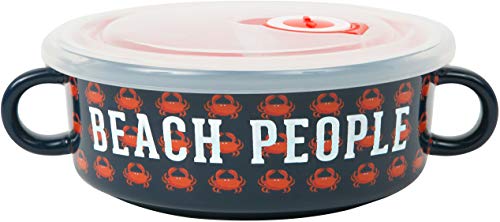 Pavilion Gift Company 13.5 Oz Double Handled Soup Bowl With Lid Beach People, Blue