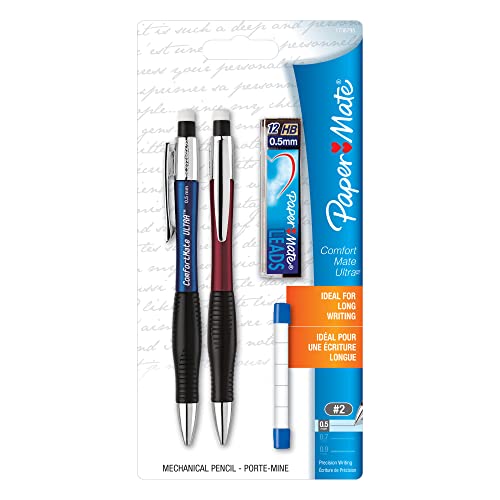 Pens Paper Mate ComfortMate Ultra Mechanical Pencil Starter Set, HB Lead, 0.5 mm, Assorted Barrel Colors, Pack of 2 Pencils