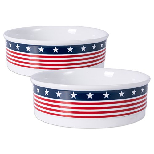 DII Design Bone Dry Stars & Stripes Patriotic Flag Ceramic Pet Bowl, Large - 7.5 x 7.5 x 2.4", 2 Piece
