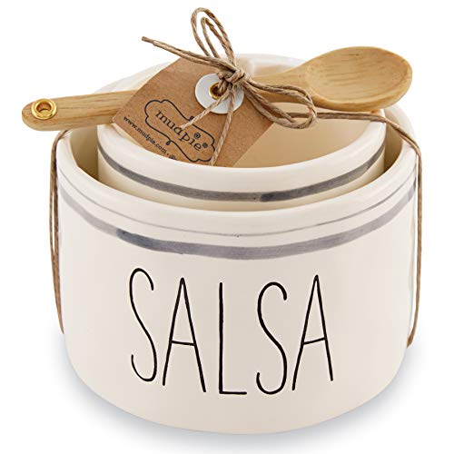 Mud Pie Salsa & Guac Bowl Set, White, salsa 3" x 4 1/2" dia | guac 2 3/4" x 3 1/2" dia | spoon 5"