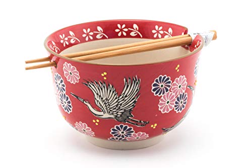 FMC Fuji Merchandise Japanese Design Quality Ceramic Ramen Udong Noodle Bowl with Chopsticks Gift Set 6.25 Inch Diameter (Red Crowned Crane)