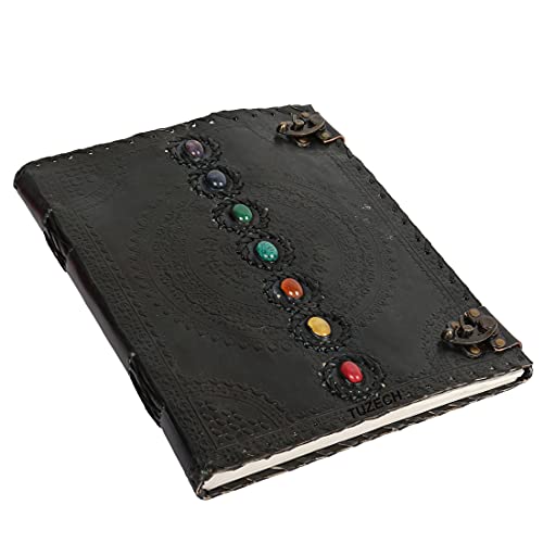 TUZECH Seven Chakra Medieval Stone Embossed Handmade Jumbo Leather Journal Book of Shadows Notebook Office Diary College Poetry Sketch (Black, 18 Inches)