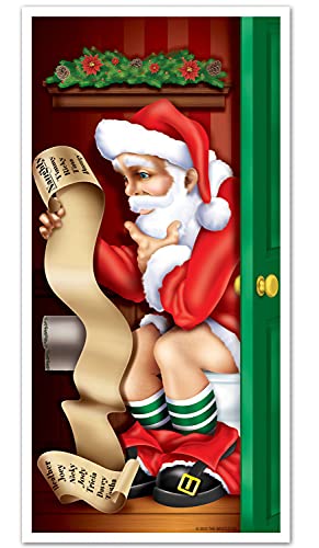 Beistle Printed Plastic Indoor Outdoor Santa Claus Restroom Cover for Front Door and Bathroom Home Holiday Christmas Decoration, 30" x 5'