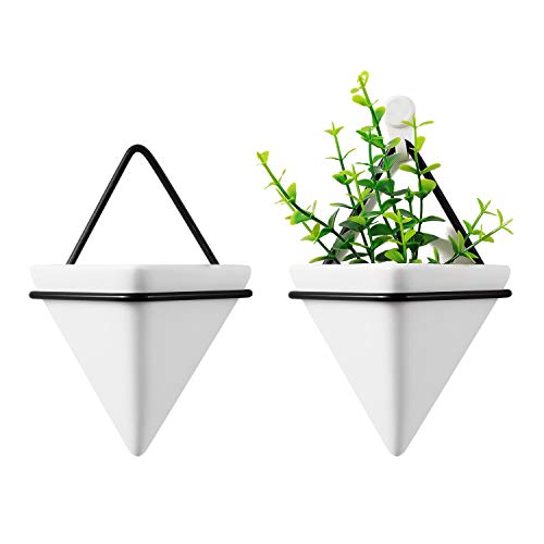 T4U Triangle Wall Planter Indoor, Set of 2 Ceramic Hanging Wall Planter, Geometric Succulent Air Plant Holder Vase Flower Cactus Faux Plants Containers, White Modern Decor for Home and Office