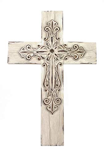 Comfy Hour Faith and Hope Collection 13" White Wood Handmade Layered Cross, Antique Style, Art Wall Decor, Resin