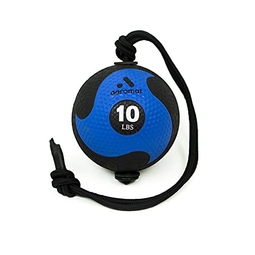 AGM Group AEROMATS Elite Power Rope Medicine Ball for Core Strength/Rotational Movements Training - 10 lbs - Black/Blue - 9" Diameter - 39" Rope