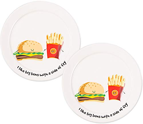 Pavilion Gift Company Pavilion - I Like Big Buns With A Side Of Fry - 7.25 Inch Cheeseburger And Fries Set Appetizer Plates Set of 2, 7.25", White