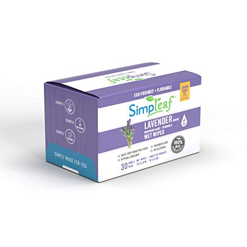 Simpleaf Brands Flushable Single Pack Wet Wipes | Eco- Friendly, Paraben & Alcohol Free | Hypoallergenic & Safe for Sensitive Skin | Lavender | Travel Size | 30 Count