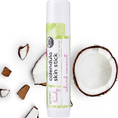 Green+Lovely Calendula Skin Stick Organic Lotion Sticks Moisturizing Balm Ointment Salve Multipurpose Hand Cream Body Bar, 0.5 oz., Island Coconut (1 Tube)