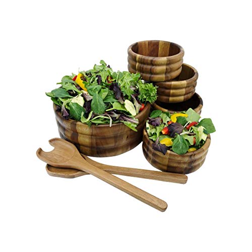 Kalmar Home 10-Inch Acacia Wood Large Skagen Salad Bowl with 4 Individuals