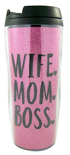 Myxx Wife. Mom. Boss Glittery Pink Feminist Travel Mug, 7 Inches