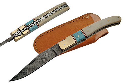 SZCO Supplies Bone/Turquoise Damascus Steel Folding Knife Damascus Steel Knife