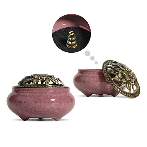 ComSaf Ceramic Incense Burner with Brass lid Set of 2, Stick Cone Coil Holder Ash Catcher Ideal Gift for Home Decor Yoga Spa Meditation