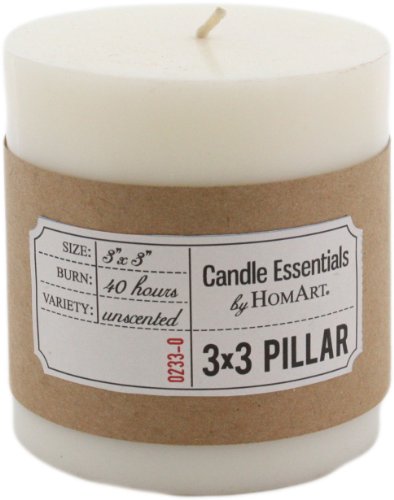 HomArt Pillar Unscented Paraffin Decorative Wax Candle Cotton Wick, 3-Inch by 3-Inch, Ivory