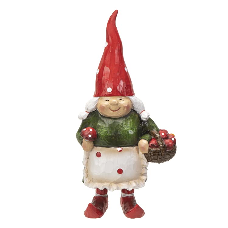 Pacific Trading White Polka Dots Hat Santa Granny Gnome with Mushroom Basket Wood Like Resin Figurine