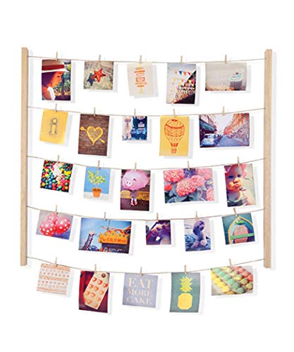 Umbra Hangit Photo Display - DIY Picture Frames Collage Set Includes Picture Hanging Wire Twine Cords, Natural Wood Wall Mounts and Clothespin Clips for Hanging Photos, Prints and Artwork (Natural)