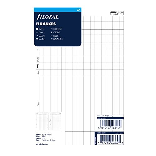 Rediform Filofax Organizer Refill, A5 Size, Finances Refill, White Paper, 8.25" x 5.75", 25 Sheets (B340618)