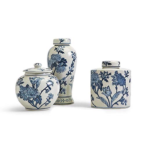 Two's Company Japanese Blossom Blue Set of 3 Vases