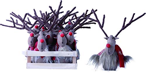 Transpac Y2671 Plush Reindeer Hanging Ornament in Wood Tray, Set of 12