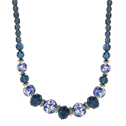 1928 Jewelry Montana Dark Blue and Blue Willow Beaded Necklace 15.5 + 3 Inch Extension