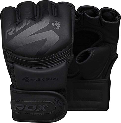 RDX MMA Gloves Noir, Maya Hide Leather, Ventilated Open D-Cut Palm, Padded Grappling Sparring Mitts, Cage Fighting Kickboxing Mixed Martial Arts Muay Thai Training, Punching Bag Pads Workout, Black