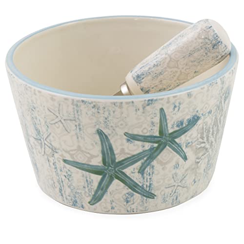 Boston International Ceramic Bowl and Stainless Steel Spreader, 4.75 x 2.75-Inches, Laguna Shells