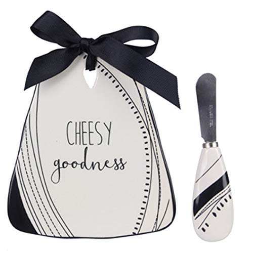 Youngs 20610 Ceramic Cheese Board with Spreader, Set of 2, Black and White