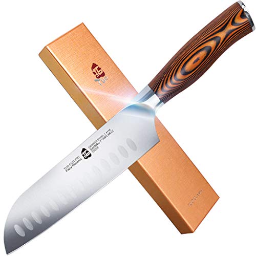TUO Cutlery Santoku Knife - Asian Granton Chef Knife - Hollow Ground High Carbon German Steel Kitchen Cutlery - Ergonomic Pakkawood Handle - Gift Box Included - 7 inch - Fiery Phoenix Series
