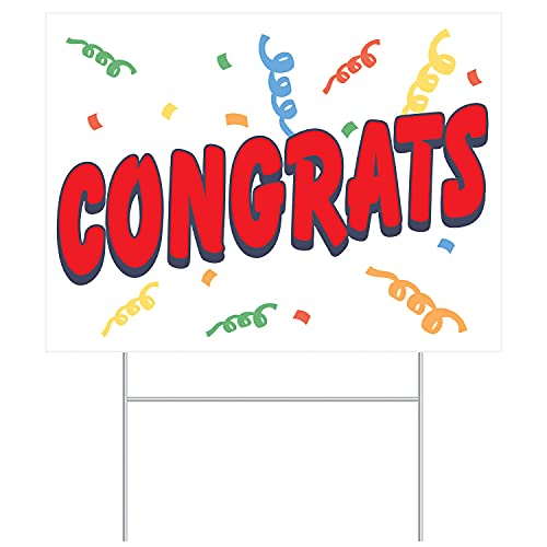 Beistle Plastic Congrats Yard Sign with Metal Stakes-Graduation Party Outdoor Lawn Decorations, 11.5" x 15.5", Red/Black/White/Blue/Yellow/Orange/Green