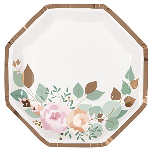 Unique Industries Unique 28715 Foil Stamped Octagonal Paper Plates-23.5 cm-Pink Blooms Floral Party-8 Count (Pack of 1), Multicolour