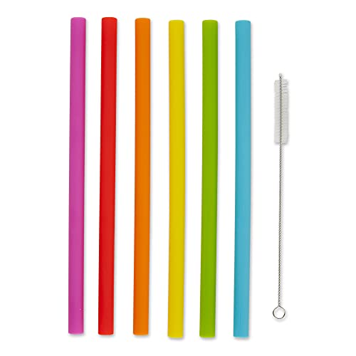 RSVP International Silicone 10" Smoothie Straws with Cleaning Brush, 6 Count | Reusable & Multi-Color | BPA-Free Silicone | For Smoothies, Frappes, Sodas, Tea & More | Dishwasher Safe