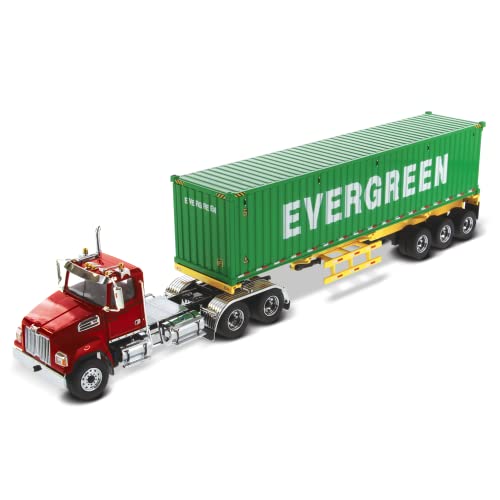 Western Star 4700 SB Tandem Truck Tractor Met. Red w/Skeleton Trailer & 40' Dry Goods Sea Container Evergreen 1/50 Diecast by Diecast Masters 71049