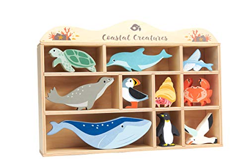 Tender Leaf Toys Coastal Creatures ‚Äö√†√∂¬¨¬¢ 8 Wooden Ocean Animal Figurines with a Display Shelf  for Ages 3+ Years