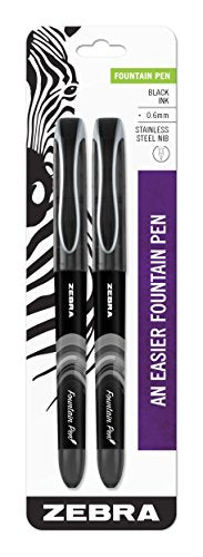 Zebra Pen Fountain Pen Set, Fine Point 0.6mm, Black Non-Toxic Ink, Stainless Steel Nib, Disposable, 2-Pack (48312)