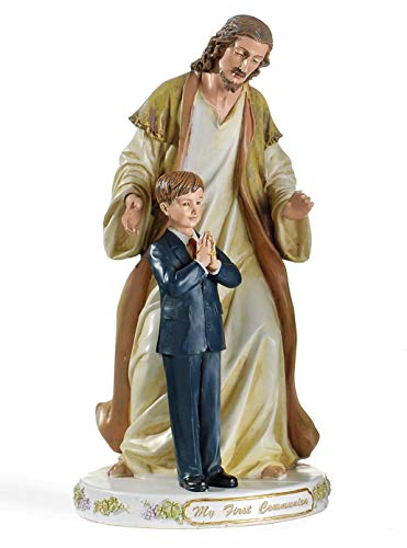 Roman Jesus with Praying Boy My First Communion 9.5 Inch Resin Stone Tabletop Figurine