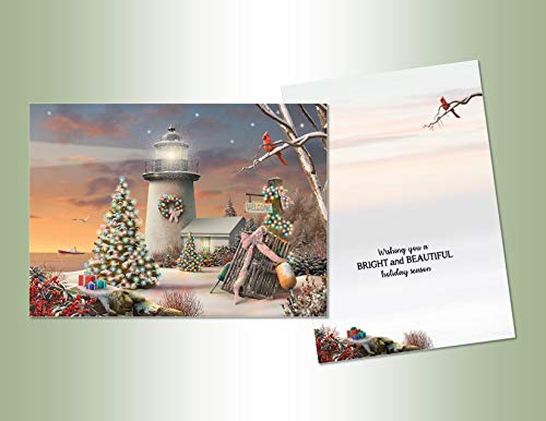 LPG Greetings PERFORMING ARTS √Å‚àû√ü BOXED CHRISTMAS CARDS Christmas Lighthouse Deluxe Non-flake Glitter Embellished Boxed Christmas Cards with Full Color Inside Designs (14 glitter cards, 14 envelopes)