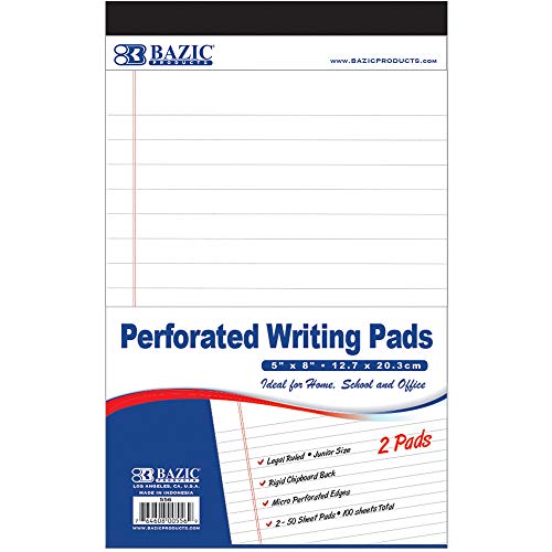 BAZIC 50 Ct. 5" X 8" White Jr. Perforated Writing Pad, Lined Ruled Memo Writing Papers Pads, Note Paper for Taking Notes (2/Pack), 1-Pack