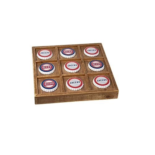 Ganz Beer Bottle Cap Tabletop Tic Tac Toe Board, Wood, Metal, 14.12 Inches Square, 2 Inches Height, Multicolor