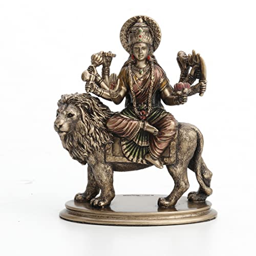 Veronese Design 3 3/4" Hindu Goddess Durga Riding on Lion Miniature Statue Resin Hand Painted Figurine