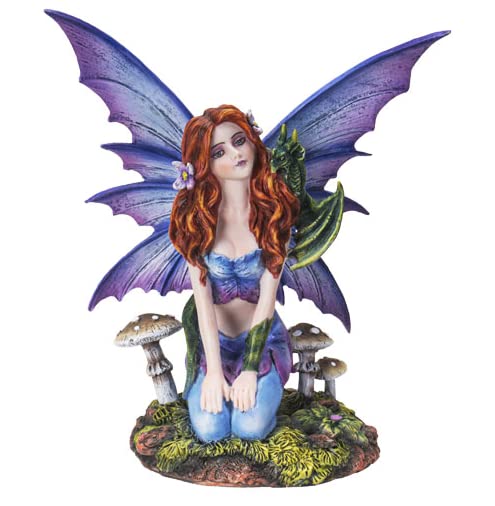 Pacific Trading Giftware Red Haired Mushroom Dream Fairy with Green Dragon Companion Statue 6‚Äù Tall