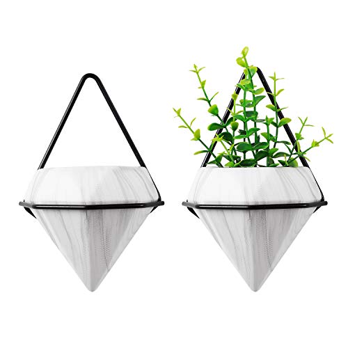 T4U Diamond Wall Planters Geometric Wall Vases Set of 2, Ceramic Mounted Succulent Air Plants Pots Cactus Faux Plant Containers Modern Indoor Decor for Home and Office, Marble White