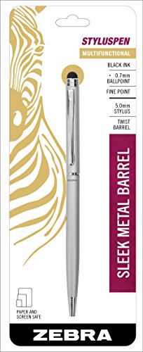 Zebra Pen StylusPen Twist Retractable Ballpoint Pen, Fine Point, 0.7mm, Black Ink, Silver Barrel, 1-Count