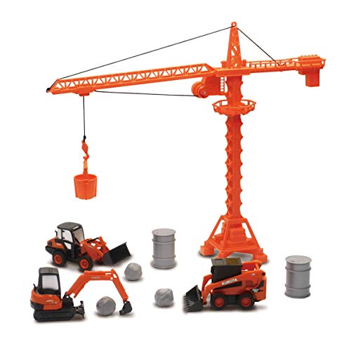 New Ray Toys Kubota Die-Cast Construction Vehicles Set, Plastic Engineering Toys Playset Includes Steer Loader, Mini Excavator, Wheel Loader, Oil Drums, Tower Crane & Boulders, for Kids