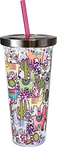 Spoontiques 21348 Llama Glitter Cup w/Straw, 20 ounces, Multicolored